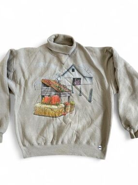 Vintage Russell Athletic Pumpkin Farm Scene Mock Turtle Neck Crewneck Sweatshirt